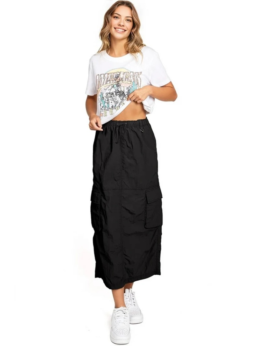 Love Tree Black Cargo Maxi Skirt with Drawstring Waist